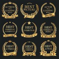 Collection of golden label with laurel wreath film award luxury template design vector