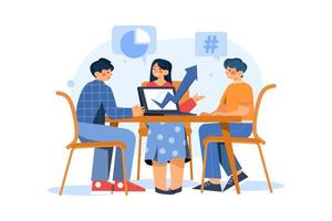 equipo de marketing discutiendo las tendencias del mercado en la reunión del concepto de ilustración. ilustración plana aislada sobre fondo blanco. vector