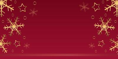 Vector winter banner with gold snowflakes, stars, rings on red background. Horizontal backdrop with copyspace.