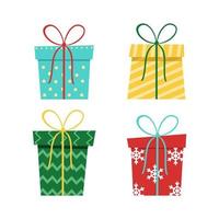 Giftboxes vector set in flat style. Different present packaging with colorful wrapper.