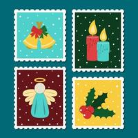 Christmas postage stamp set. Vector cartoon illustration in postmark template. Winter theme collection. Candle, angel, hooly, bell, bow