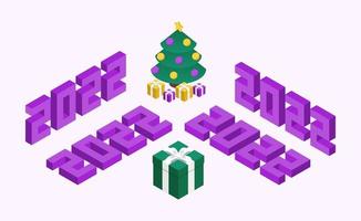 2022 isometry numbers with Christmas tree and gifts. New Year composition in purple and green style. Four variations of isometry numbers. vector