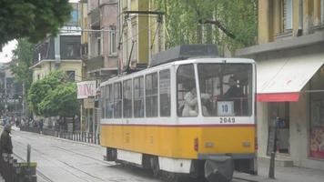 Bulgaria Sofia city center in the morning - old tram video