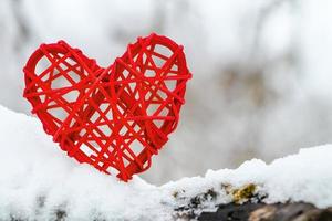 Wooden red heart on background of snow-covered tree branches. photo
