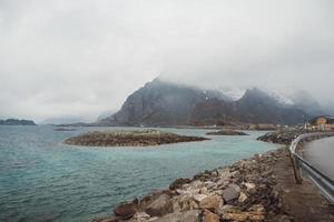 Norway mountains and landscapes on the islands Lofoten. Natural scandinavian landscape. Place for text or advertising photo