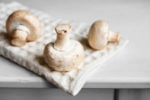 champiñones champiñones en la servilleta de cocina sobre una mesa de madera blanca. lugar para texto o publicidad foto