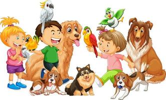 niños felices jugando con sus animales vector