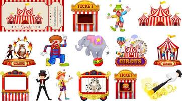 conjunto de personajes de circo y elementos del parque de atracciones. vector