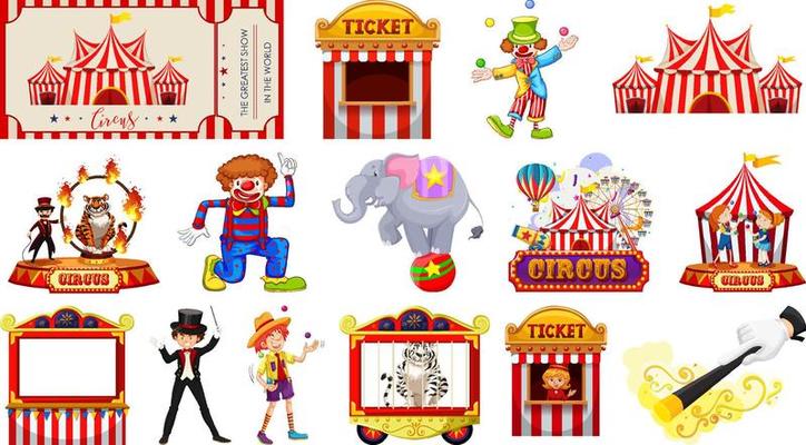 Set of circus characters and amusement park elements