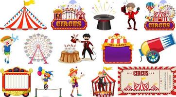 conjunto de personajes de circo y elementos del parque de atracciones. vector