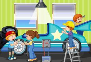 Scene with children repairing car together vector