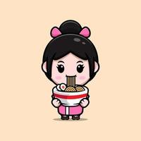 Linda chica con icono de dibujos animados de mascota de kimono. Ilustración de personaje de mascota kawaii para pegatina, póster, animación, libro para niños u otro producto digital e impreso vector