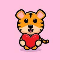 Cute tiger holding heart cartoon mascot vector