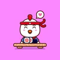 Cute Chicken Chef Make Sushi Roll Cartoon Icon Illustration vector
