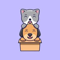 Lindo gato y perro jugando en la ilustración de icono de vector de dibujos animados de caja de cartón. estilo de dibujos animados plana