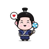 cute samurai boy mascot cartoon icon. kawaii mascot character illustration for sticker, poster, animation, children book, or other digital and print product vector