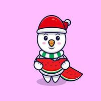 Cute Snowman Eating Watermelon Mascot Cartoon Vector Illustration.