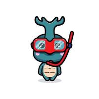 Design of cute horn beetle character wearing swimming  goggle vector