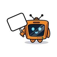 Cute robot holding blank text board, television character version vector