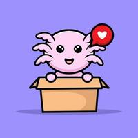 Cute oxolotl inside box cartoon character vector