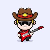 lindo, pequeño, vaquero, con, guitarra, mascota, ilustración vector