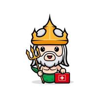 Cute neptune with first aid box , design of ocean king  mascot vector