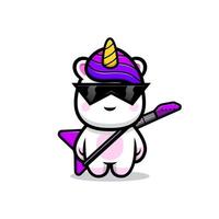 Cute unicorn  wearing black glasses and guitar mascot design vector