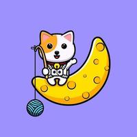 Lindo gato atrapando una bola de hilo de la mascota de la historieta de la luna vector