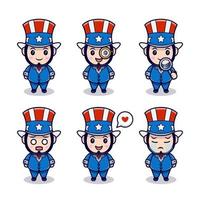 Cute Uncle Sam with Different Expressions Set Cartoon Vector Icon Illustration. Flat Cartoon Style Suitable for Story Book, Flyer, Sticker, Card