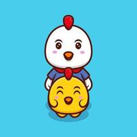 Cute Chicken and Chick Cartoon Icon Illustration. vector