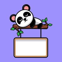 lindo panda durmiendo en el árbol con mascota de dibujos animados de pizarra en blanco vector