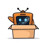 Cute robot waving hand inside box, television character version vector