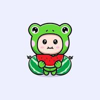 Design of cute boy wearing frog costume eating watermelon fruit vector