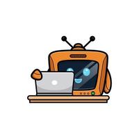 Cute robot open the computer, television character version vector