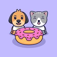 Lindo gato y perro comiendo donas ilustración de icono de vector de dibujos animados. estilo de dibujos animados plana