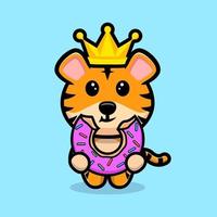 Cute tiger king eating donut cartoon mascot vector