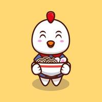 Cute Chicken Bring Ramen Noodle Cartoon Icon Illustration. vector