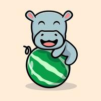 Cute hippo hug watermelon fruit mascot design vector