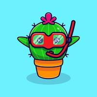 lindo cactus con gafas de natación. ilustración de icono de dibujos animados plana vector