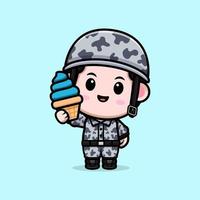 lindo icono de dibujos animados de la mascota del ejército. Ilustración de personaje de mascota kawaii para pegatina, póster, animación, libro para niños u otro producto digital e impreso vector