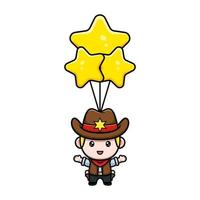 cute little cowboy floating with star balloon mascot illustration vector