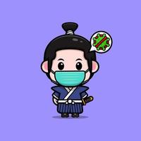 Lindo icono de dibujos animados de mascota de niño samurai. Ilustración de personaje de mascota kawaii para pegatina, póster, animación, libro para niños u otro producto digital e impreso vector