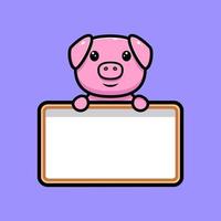 Cute pig holding blank text board mascot character. Animal icon illustration vector