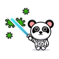 Cute panda kill the virus with laser sword cartoon mascot vector