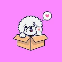 Cute Bichon Frise Dog Waving Paws Inside a Box Cartoon Icon Illustration vector
