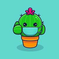 Cute Cactus Wearing Mask For Virus Prevention. Flat Cartoon Icon Illustration vector