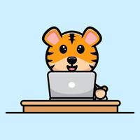 Cute tiger working on laptop cartoon mascot vector