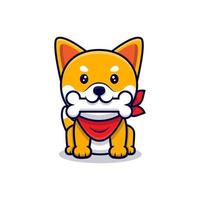 Cute Shiba Inu Dog Bring Bone Cartoon Icon Illustration vector