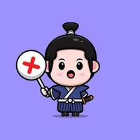 Lindo icono de dibujos animados de mascota de niño samurai. Ilustración de personaje de mascota kawaii para pegatina, póster, animación, libro para niños u otro producto digital e impreso vector