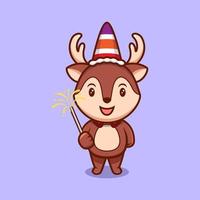 Cute Reindeer Playing Fireworks Mascot Cartoon Vector Illustration.